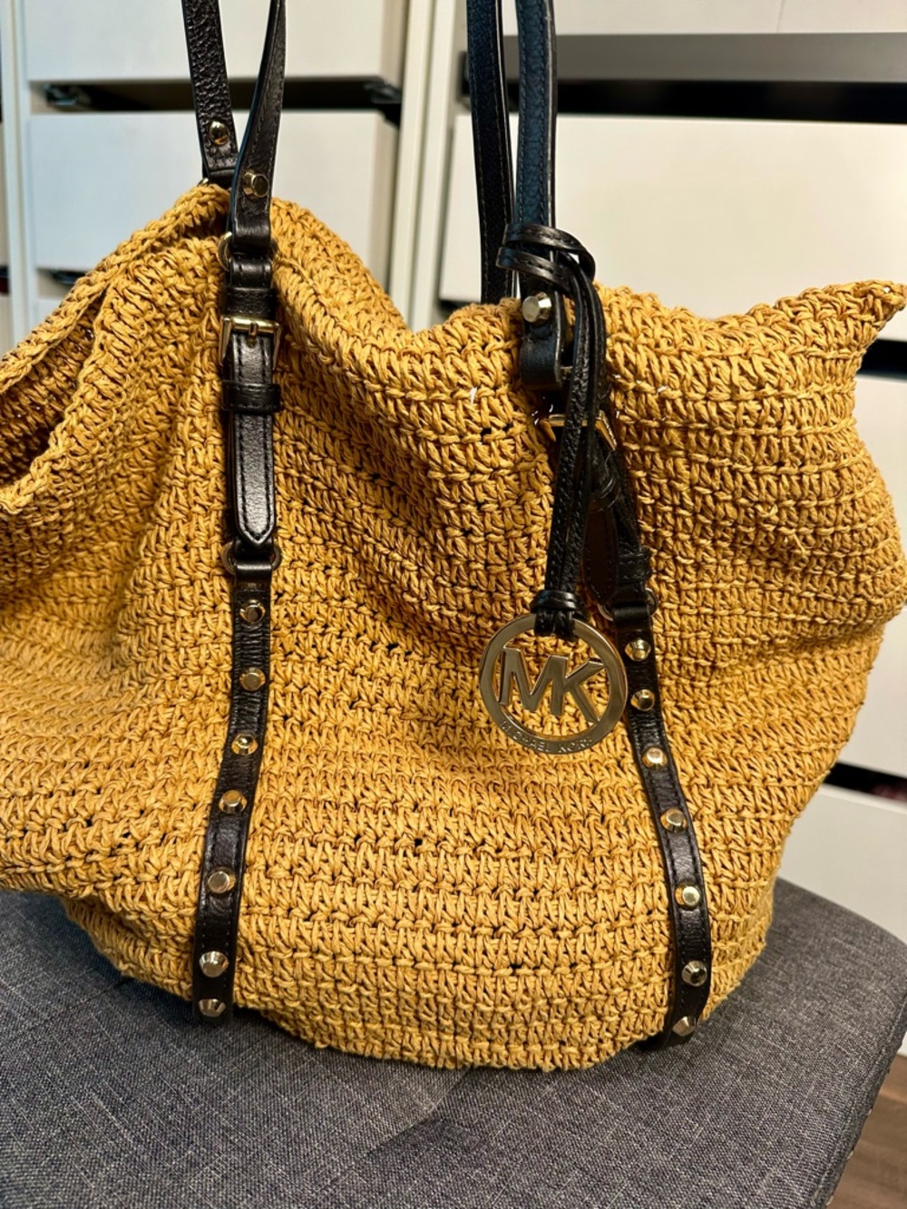 Michael Kors Mustard Yellow Woven Tote with Black Trim